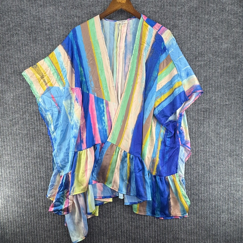Umgee Cover Up Womens S/M Multi Color‎ Excellent Ruffle Hem Striped Kimono